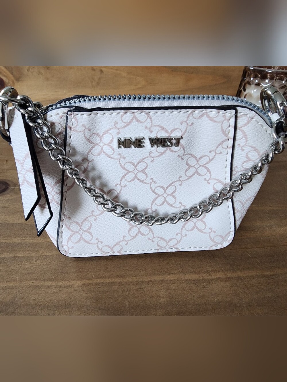 Nine West White & Blush Mini Bag With Chain  Zipper Closure